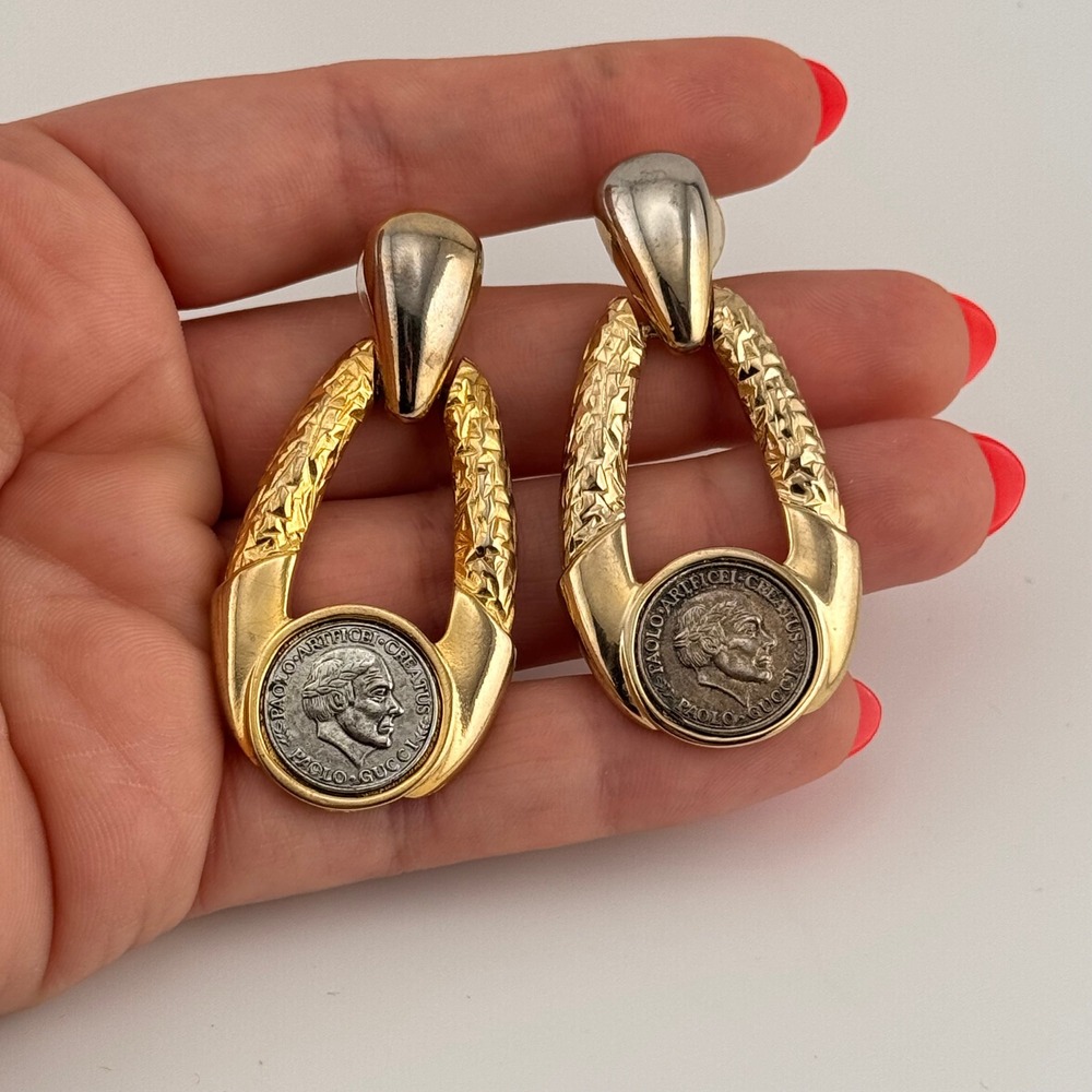 Vintage‎ Paolo Gucci Roman Coin Door Knocker Earrings Gold Tone Runway